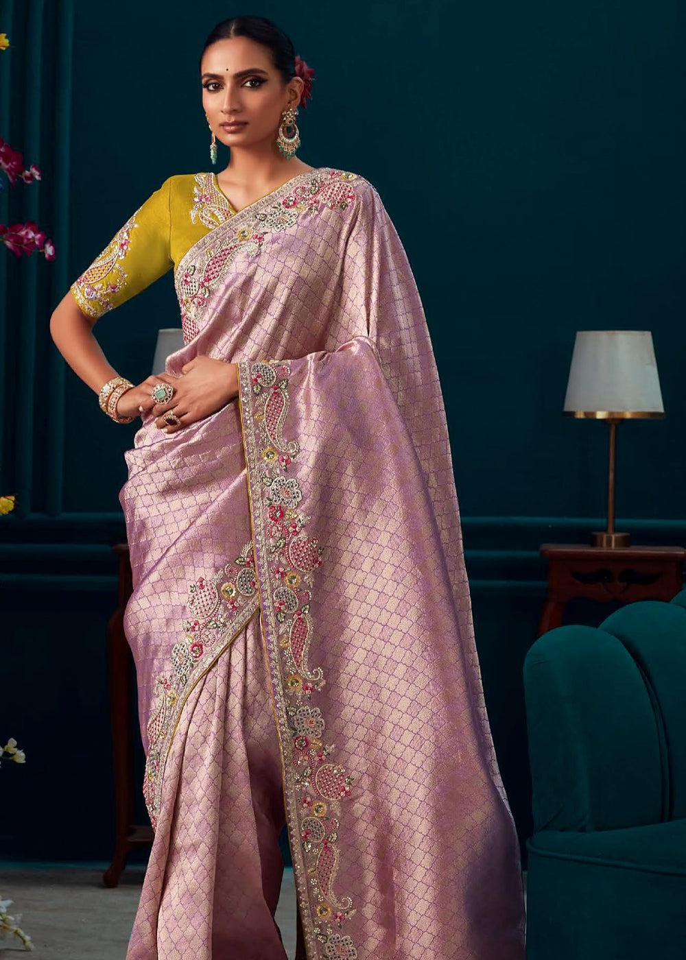 Clam Shell Pink Woven Embroidered Banarasi Silk Saree