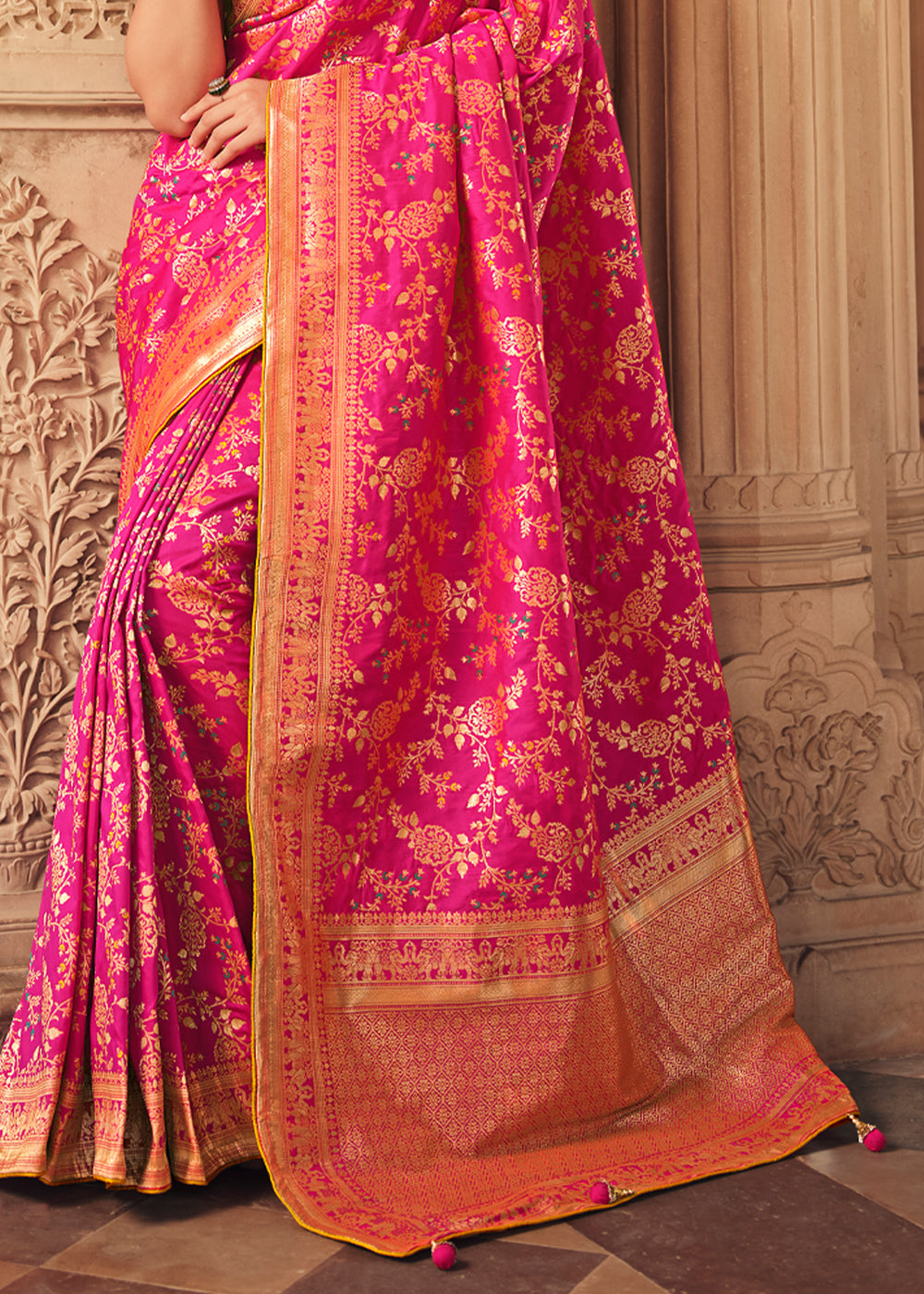 Rose Pink and Yellow Zari Woven Banarasi Saree with Designer Blouse