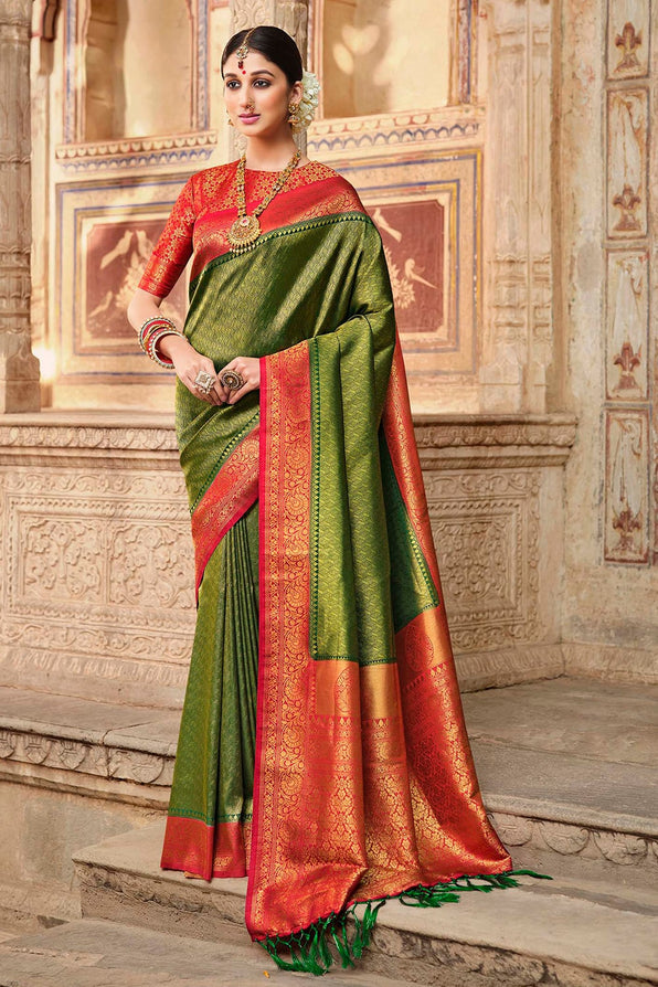 Corn Green and Red Zari Woven Kanjivaram Saree