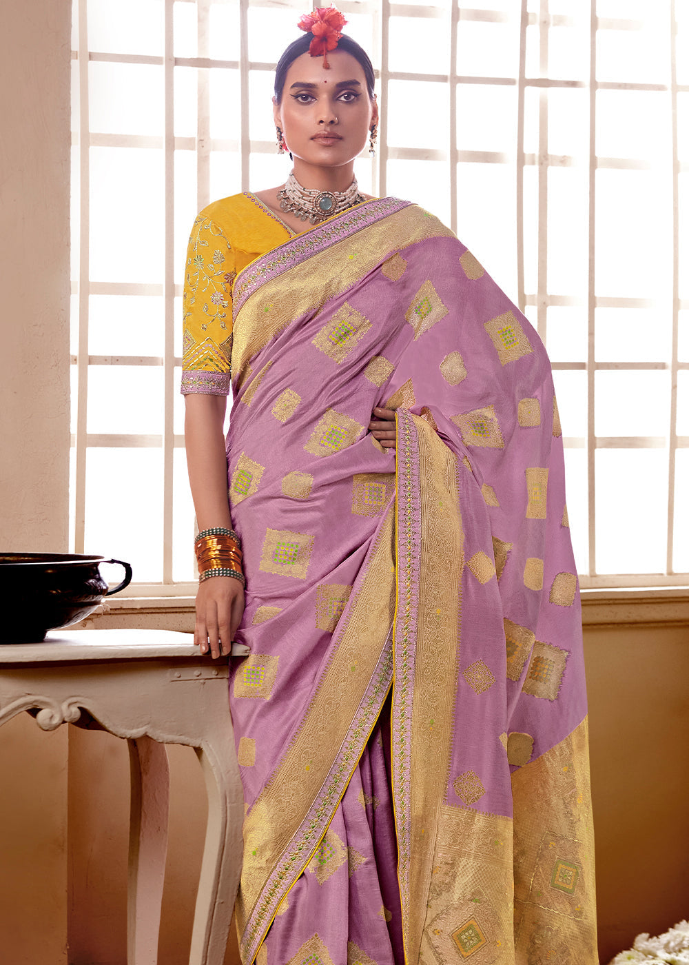 Shocking Purple and Yellow Banarasi Saree with Designer Blouse