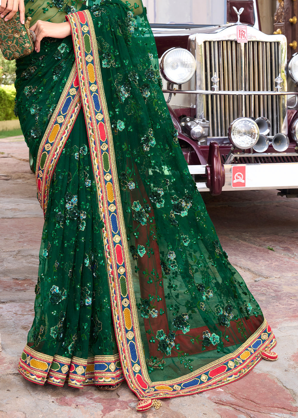 Celtic Green and Red Designer Silk Saree