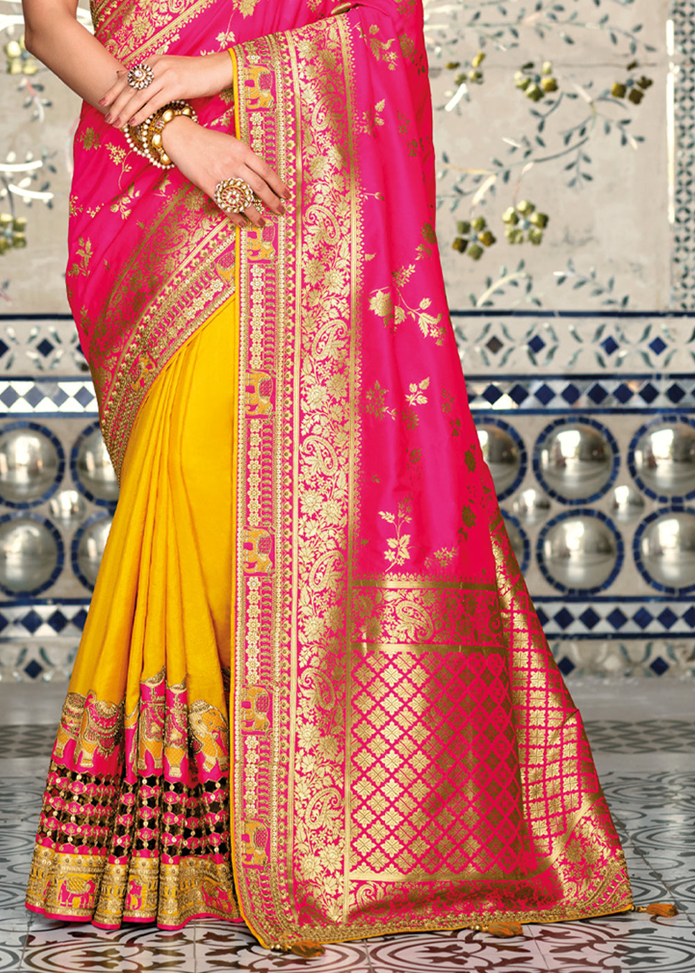 Canary Yellow & Pink Zari Woven Designer Banarasi Saree