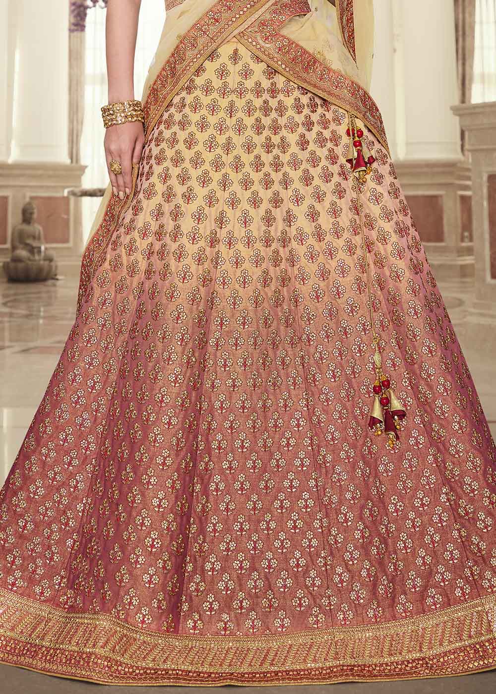 Chocolate Red and Cream Net Designer Lehenga With Heavy Embroidered Work