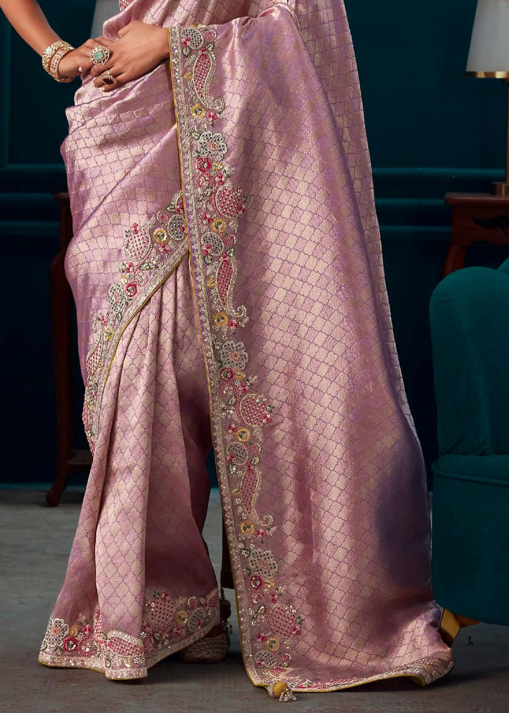 Clam Shell Pink Woven Embroidered Banarasi Silk Saree