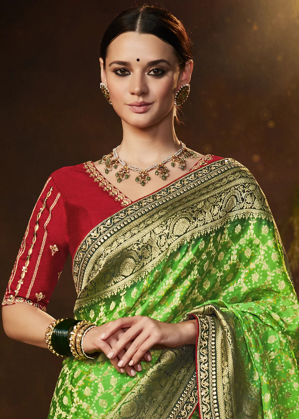 Wild Willow Green Woven Georgette Designer Saree with Embroidered Blouse