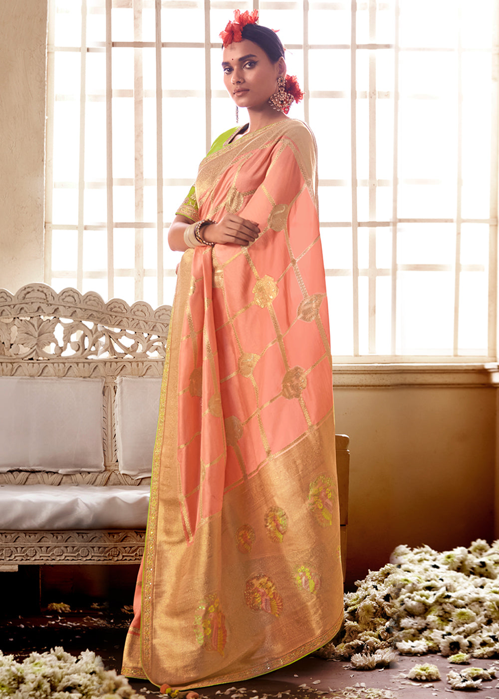 Tan Peach and Green Banarasi Saree with Designer Blouse