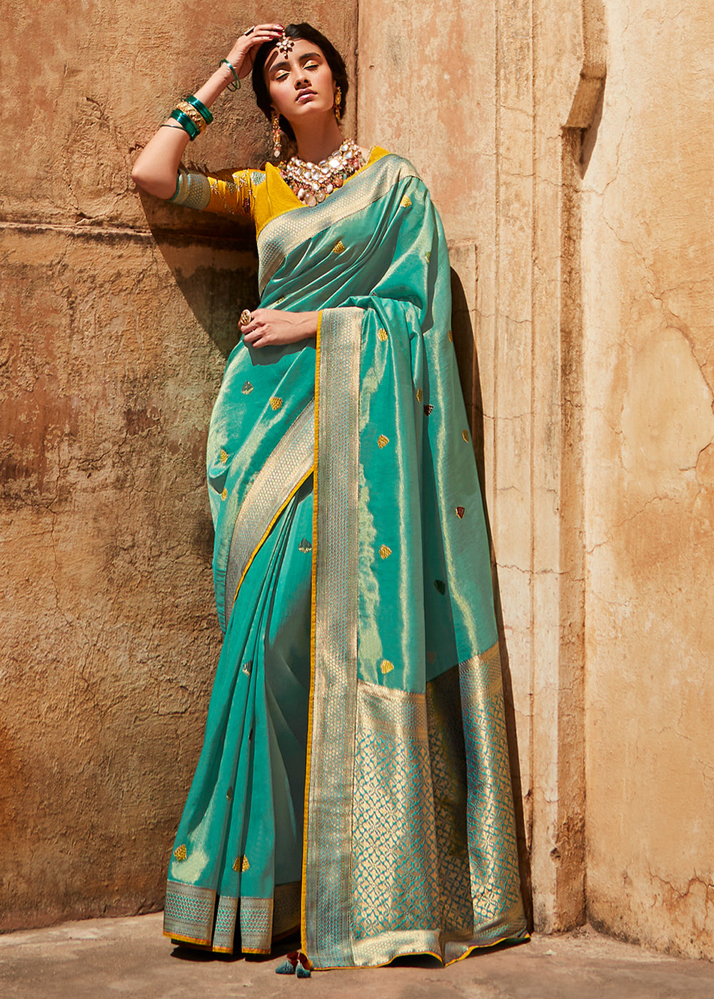 Ocean Blue and Yellow Zari Woven Designer Banarasi Saree