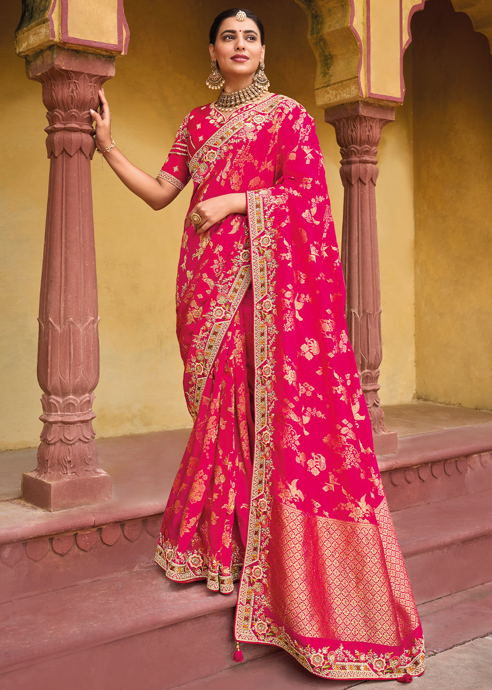 Carnation Pink Embroidered Dola Silk Saree