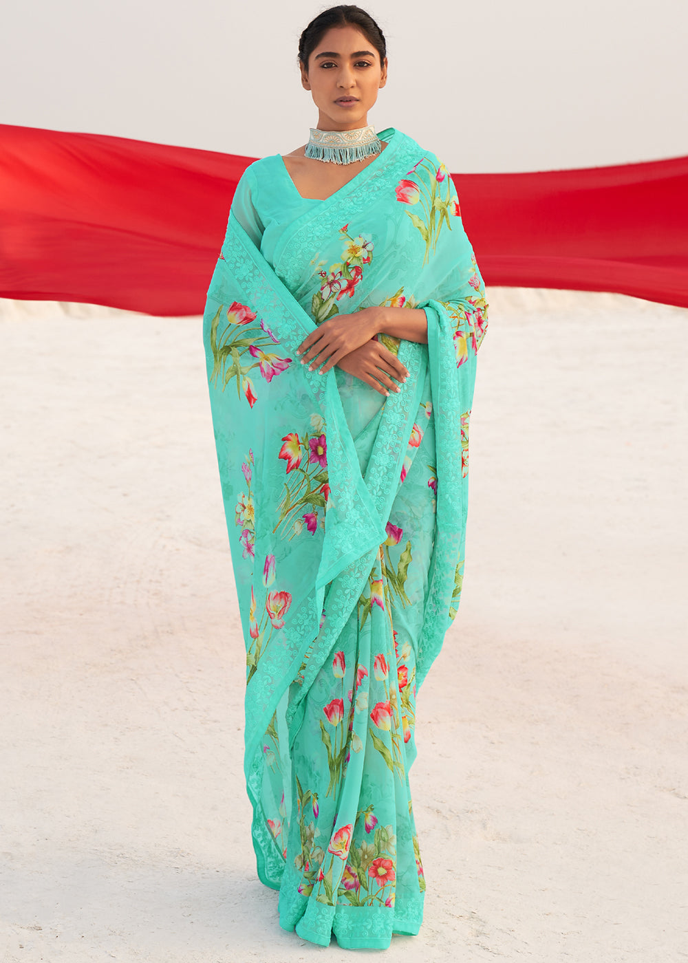 Spray Blue Digital Printed Chiffon Saree