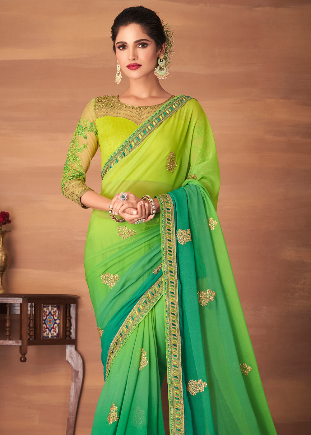 Fern Green and Yellow Designer Saree with Embroidered Blouse