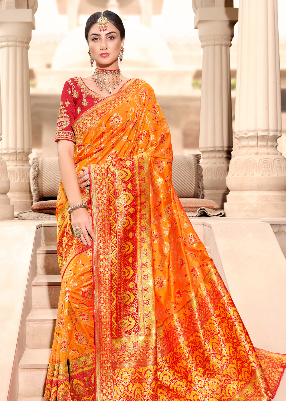 Burnt Orange and Red Woven Designer Banarasi Silk Saree