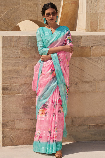 Pale Rose Pink and Blue Digital Printed Linen Floral Saree