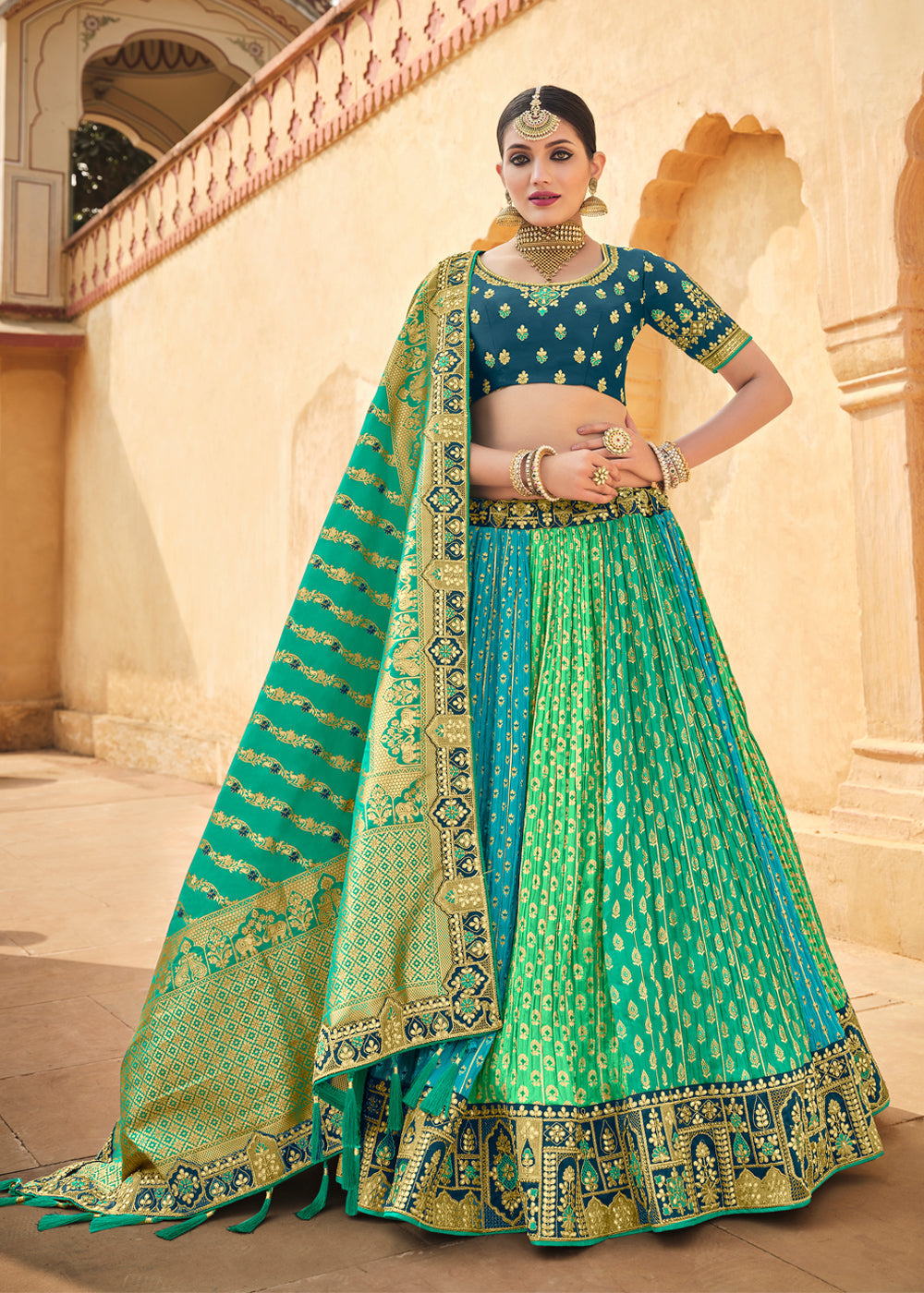 Jade Blue and Green Heavy Embroidered Lehenga