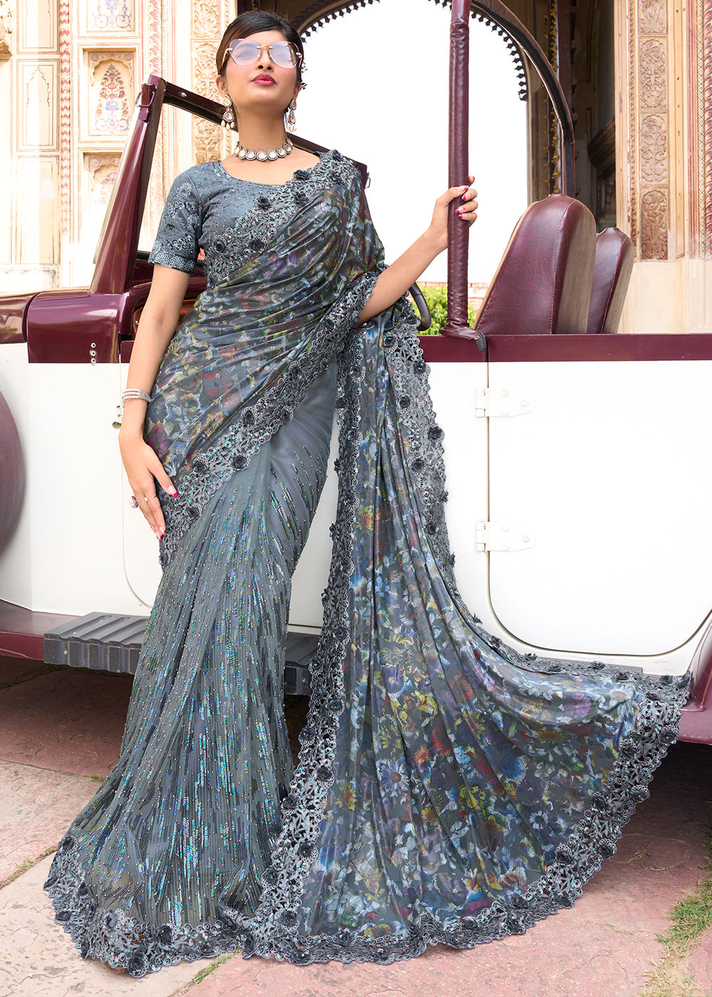 Slate Grey Designer Silk Saree