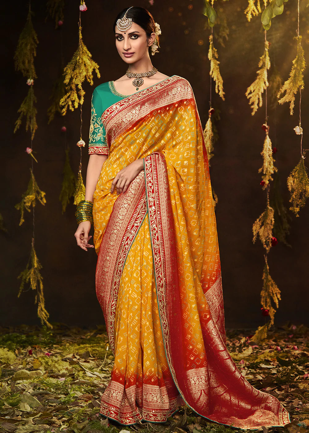 Ochre Orange Woven Georgette Designer Saree with Embroidered Blouse