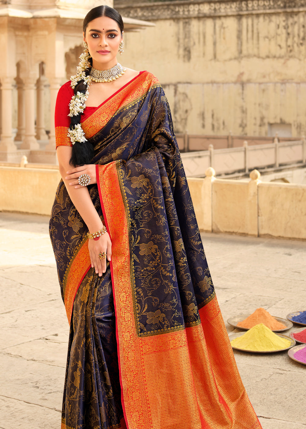 Rock Blue and Red Zari Woven Kanjivaram Saree