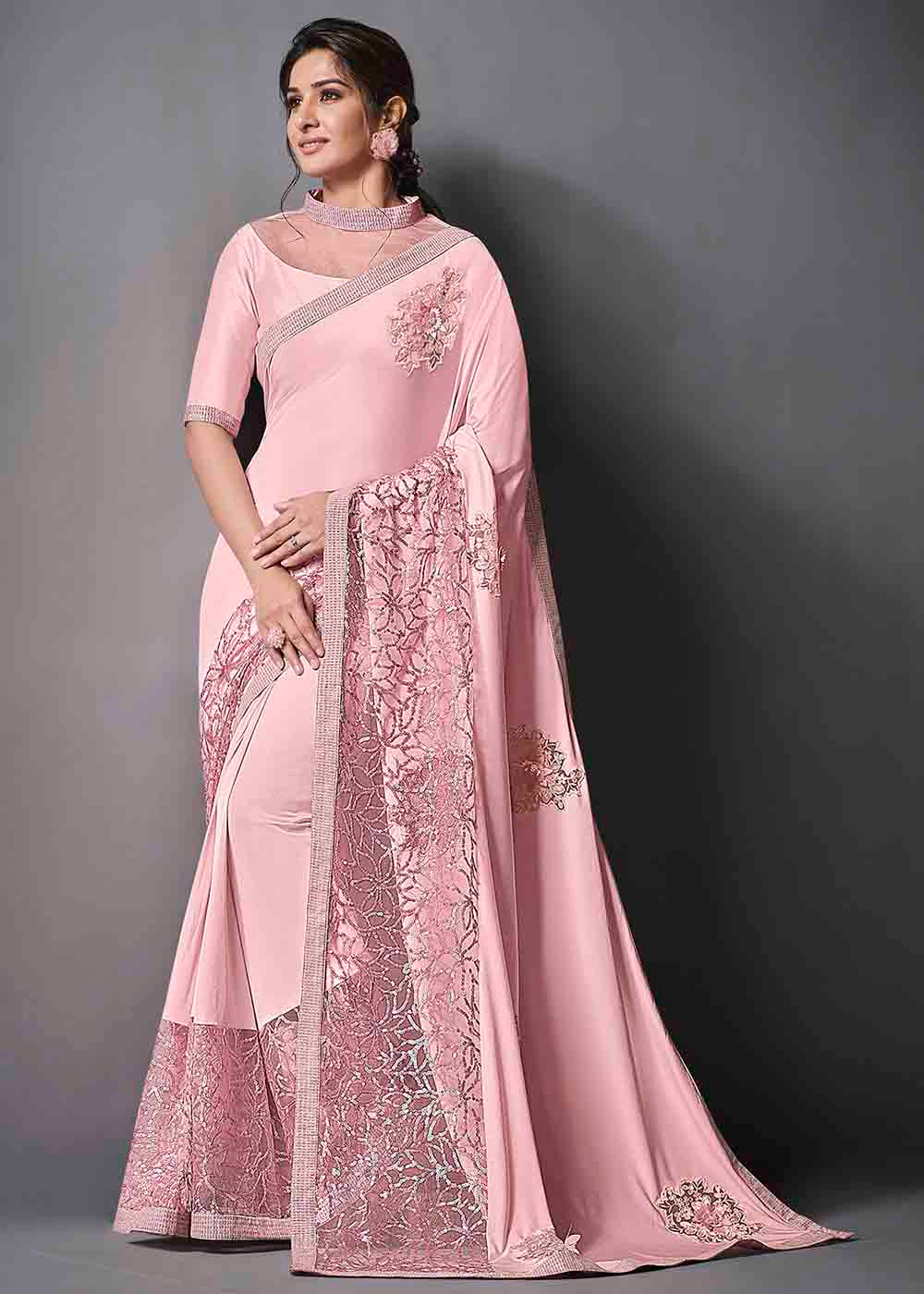 Azalea Pink Designer Lycra Saree with Embroidery Work