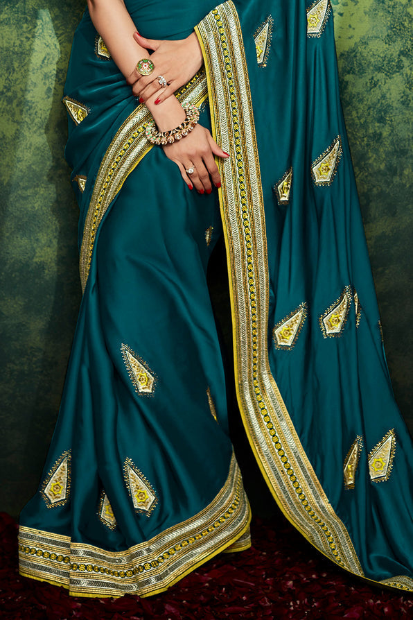 Elm Greenish Blue and Yellow South Silk Saree