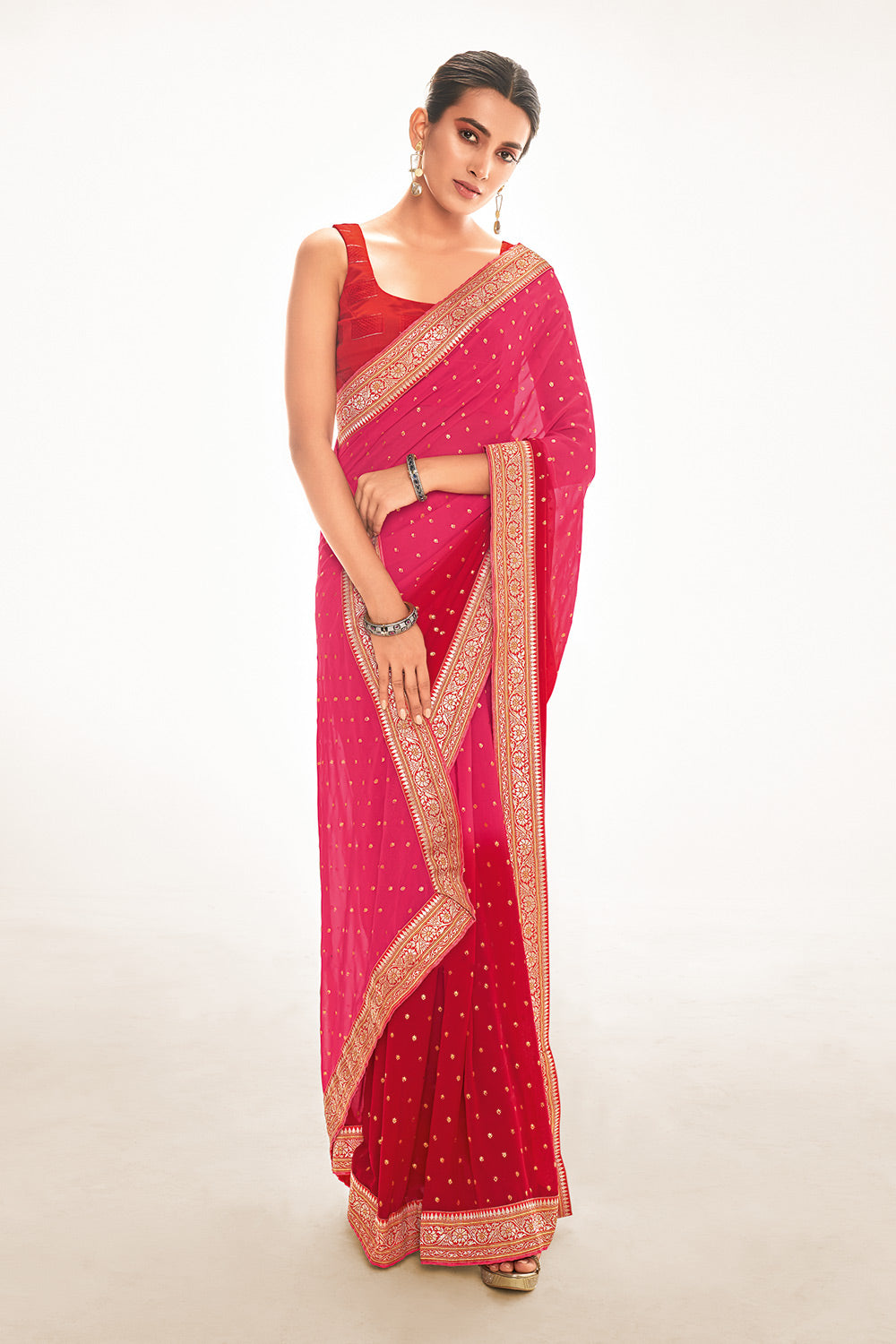 Cerise Pink and Red Printed Georgette Saree