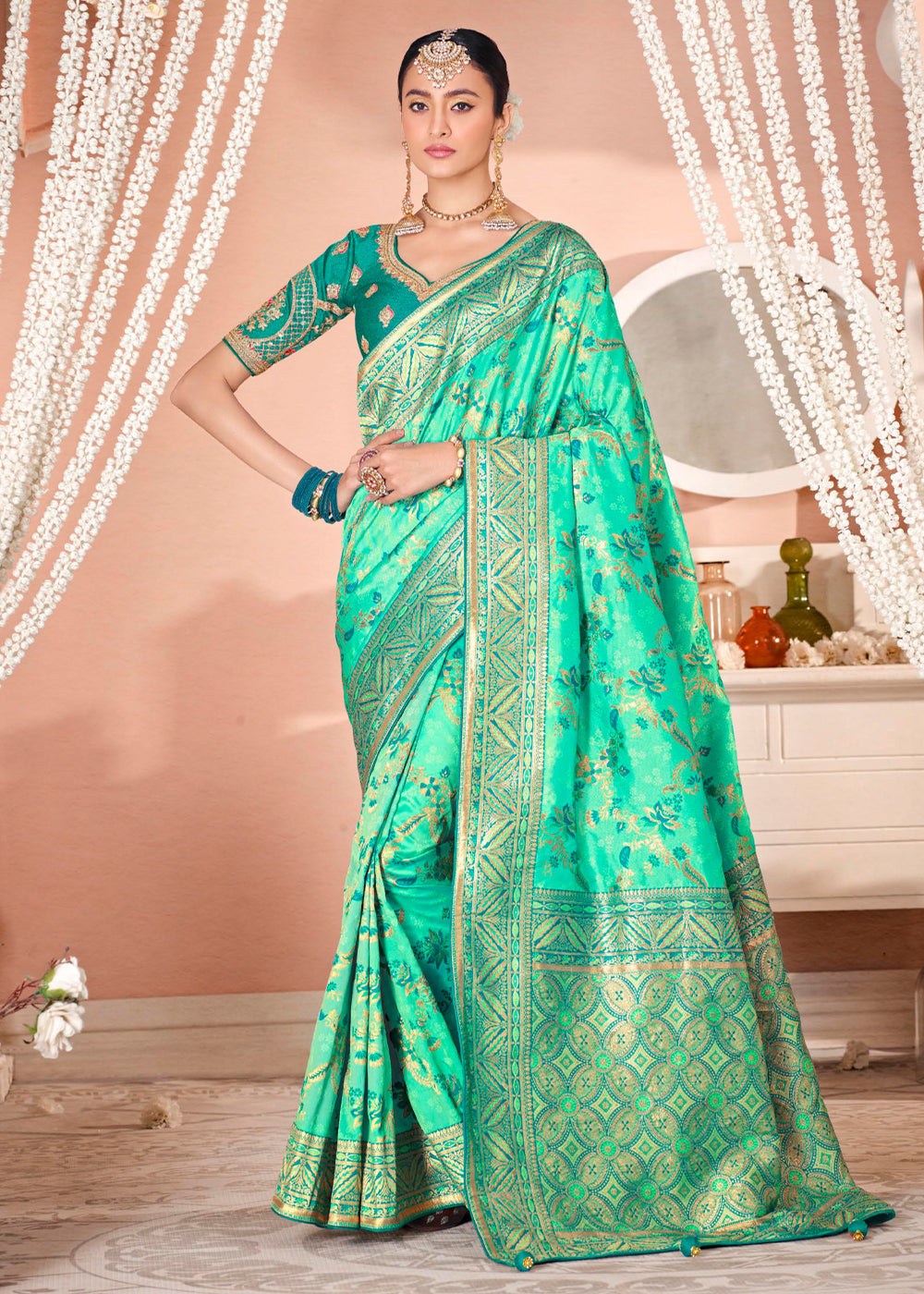 Eucalyptus Green Zari Woven Banarasi Saree with Designer Blouse