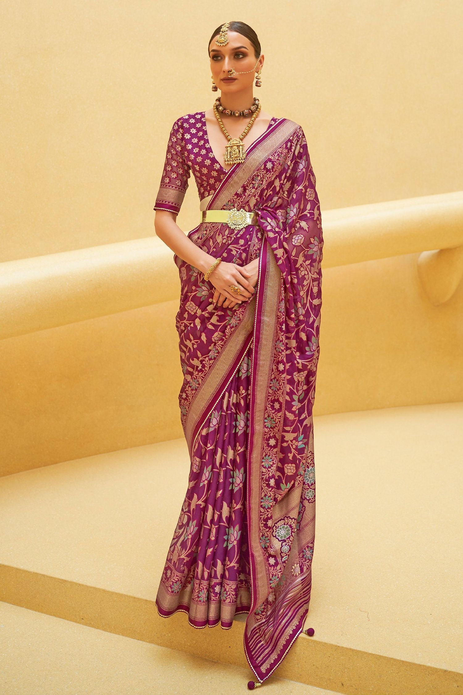 Solid Dark Pink Zari Woven Brasso Organza Saree