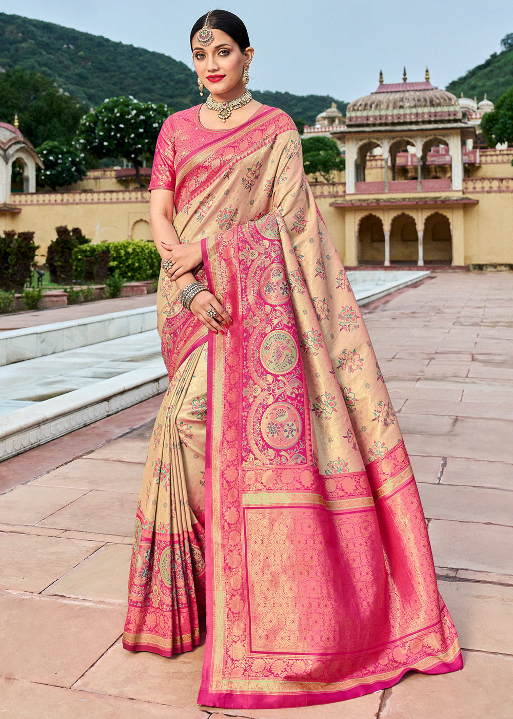 Orleans Cream and Pink Designer Banarasi Saree