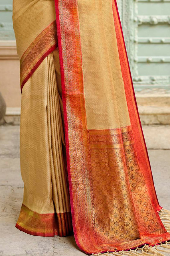 Marzipan Cream and Red Zari Woven Kanjivaram Saree