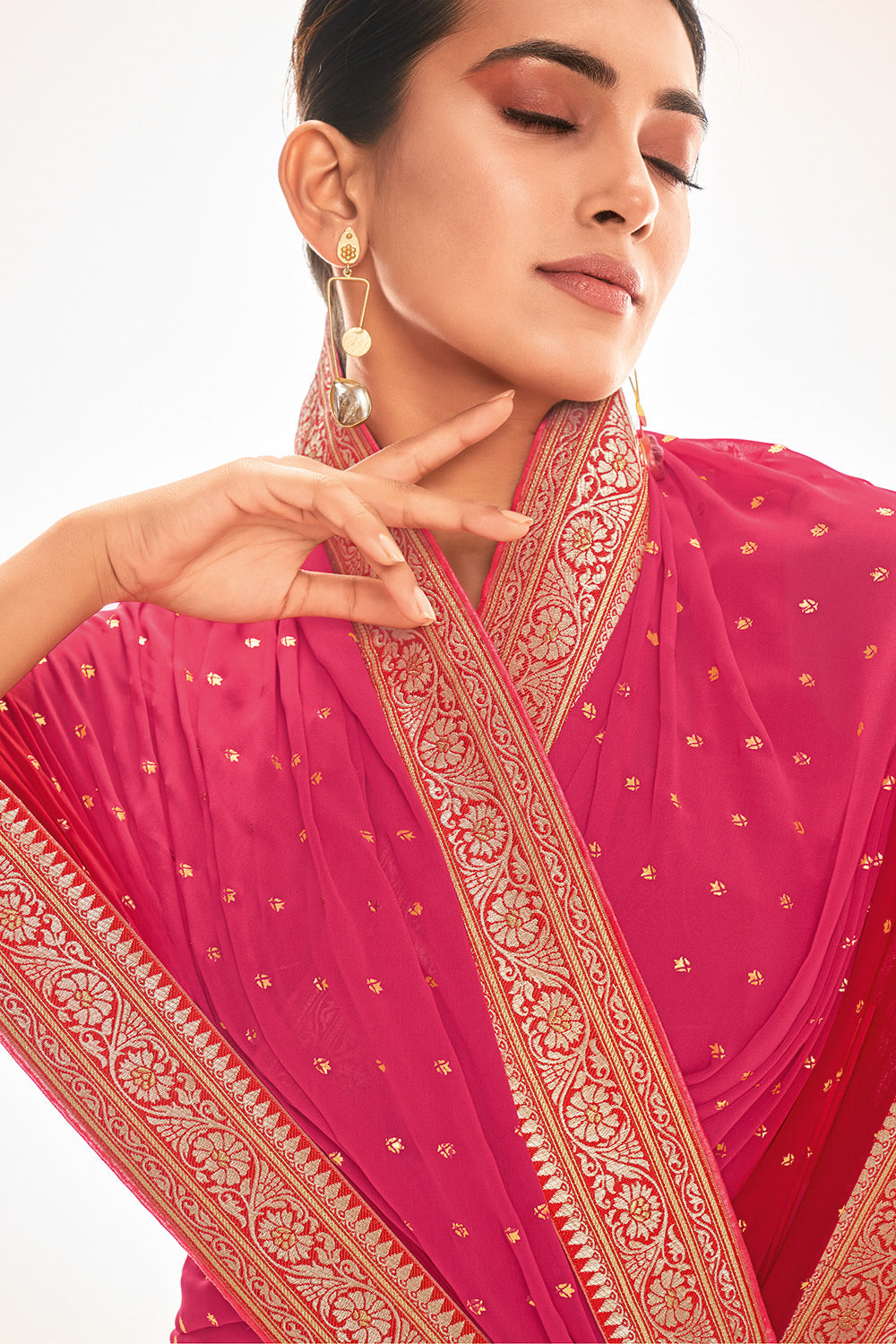 Cerise Pink and Red Printed Georgette Saree