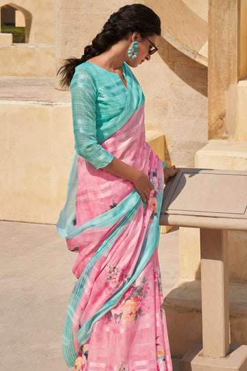 Pale Rose Pink and Blue Digital Printed Linen Floral Saree