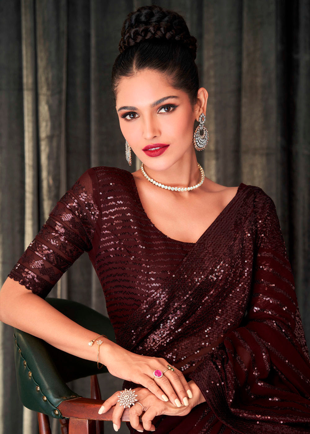 Aubergine Brown Sequins Embroidered Designer Georgette Saree