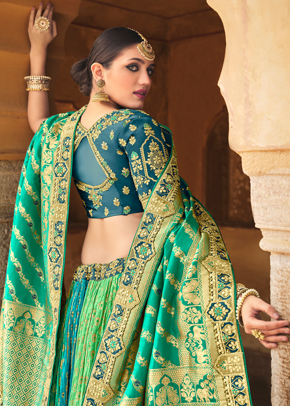 Jade Blue and Green Heavy Embroidered Lehenga