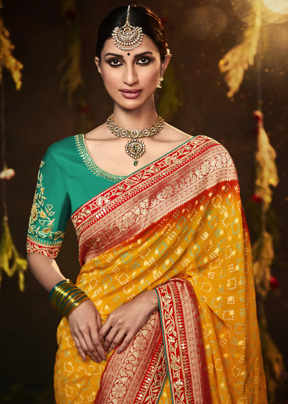 Ochre Orange Woven Georgette Designer Saree with Embroidered Blouse