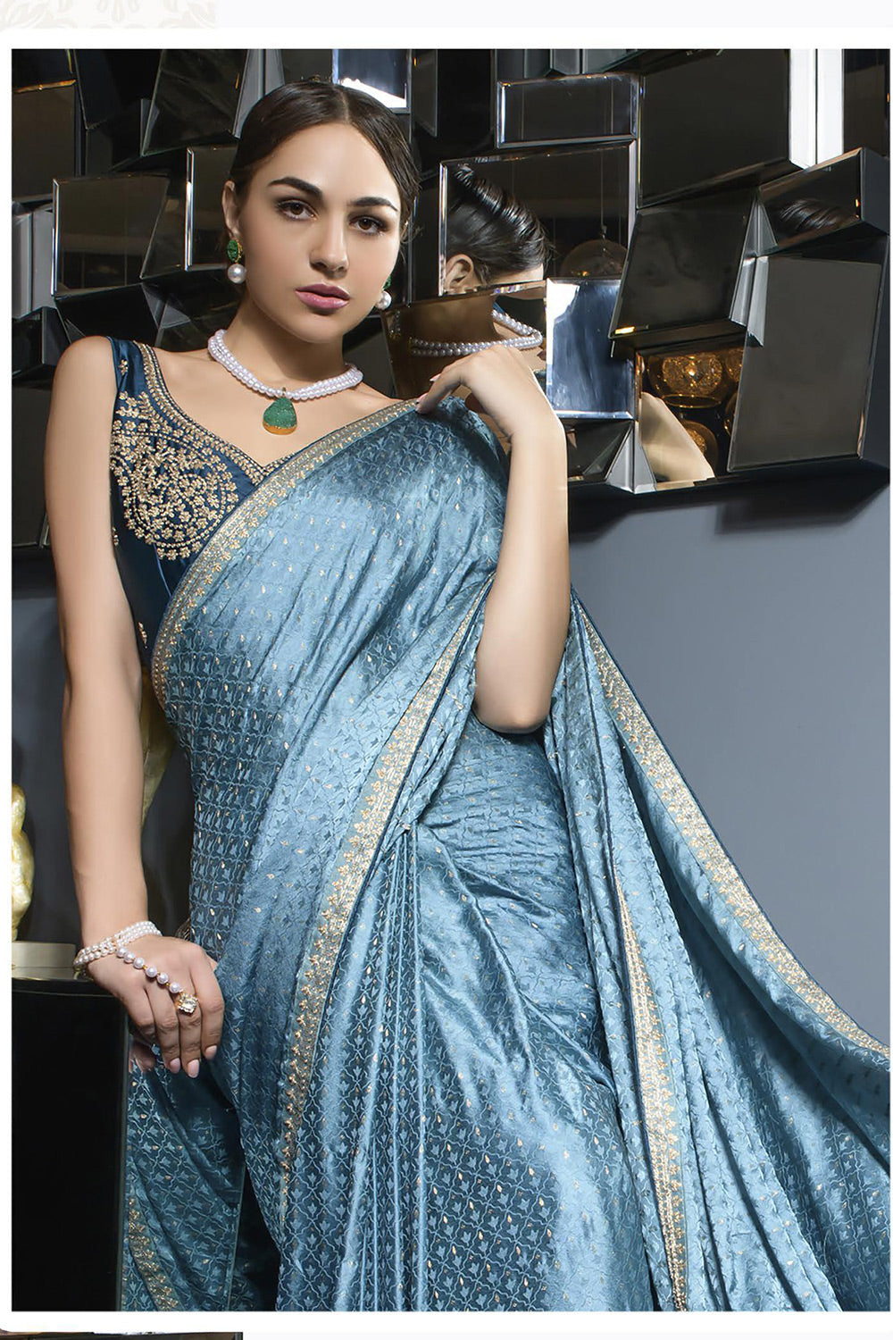 Hoki Blue Satin Saree