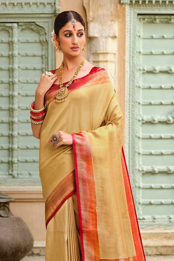 Marzipan Cream and Red Zari Woven Kanjivaram Saree