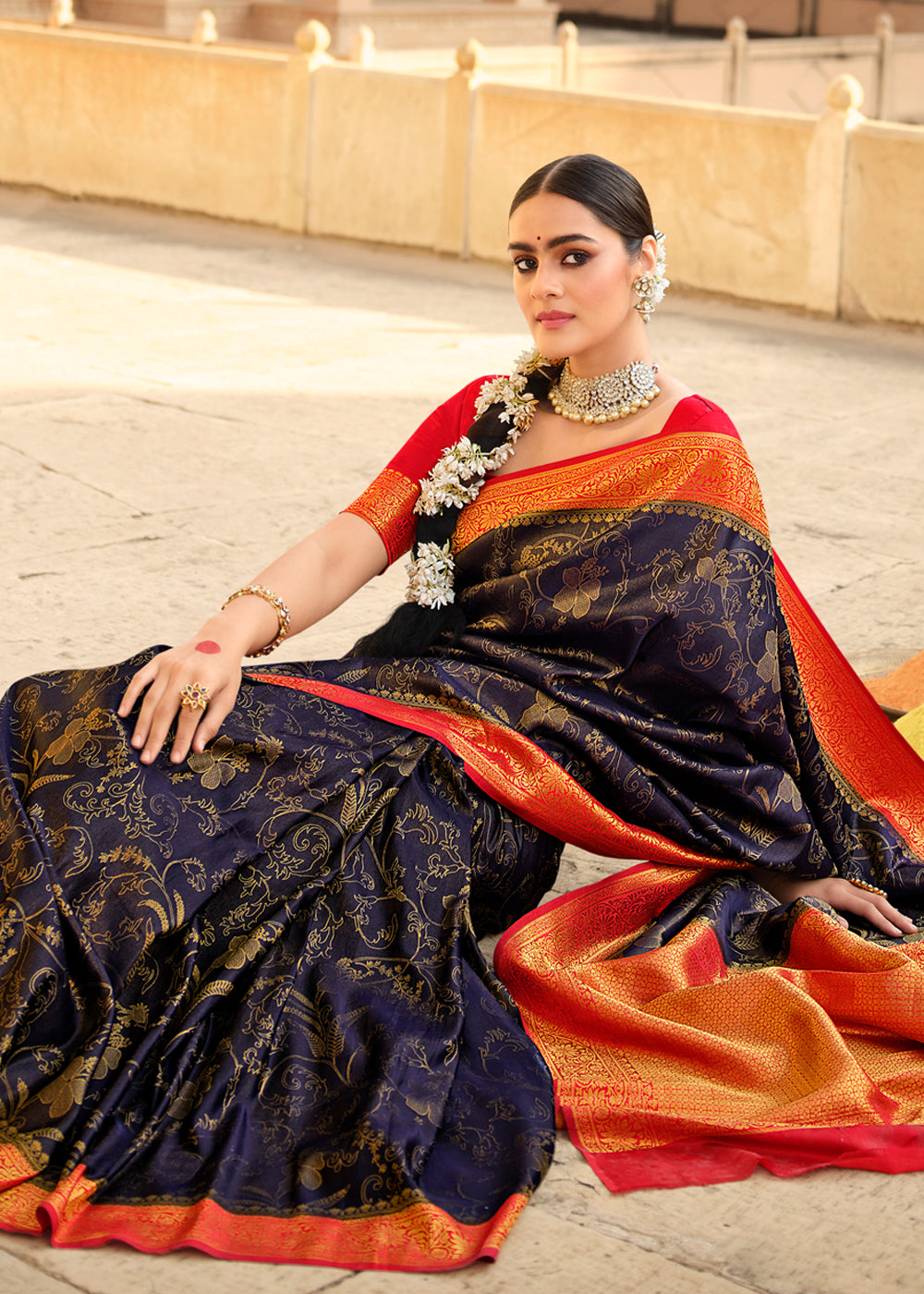 Rock Blue and Red Zari Woven Kanjivaram Saree