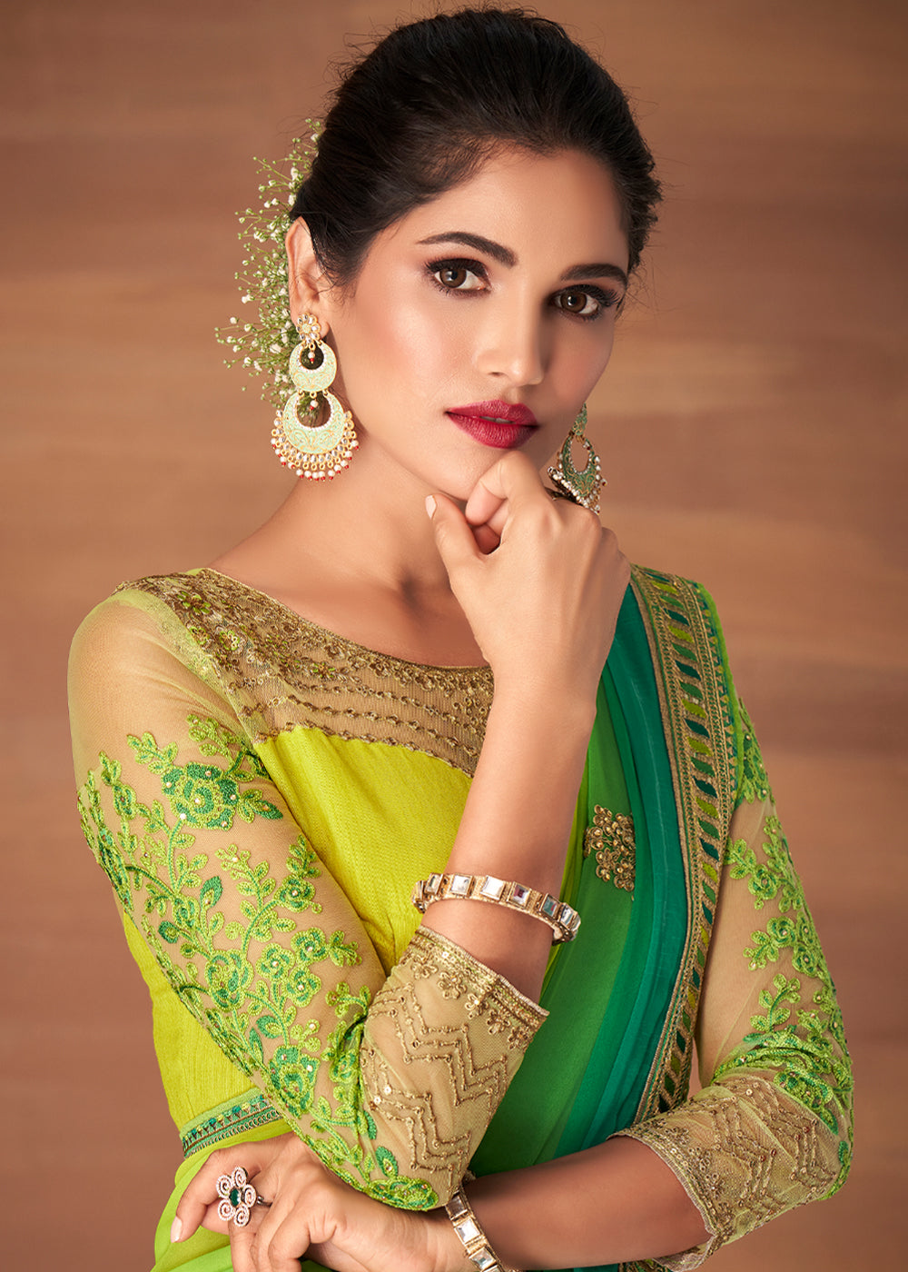 Fern Green and Yellow Designer Saree with Embroidered Blouse