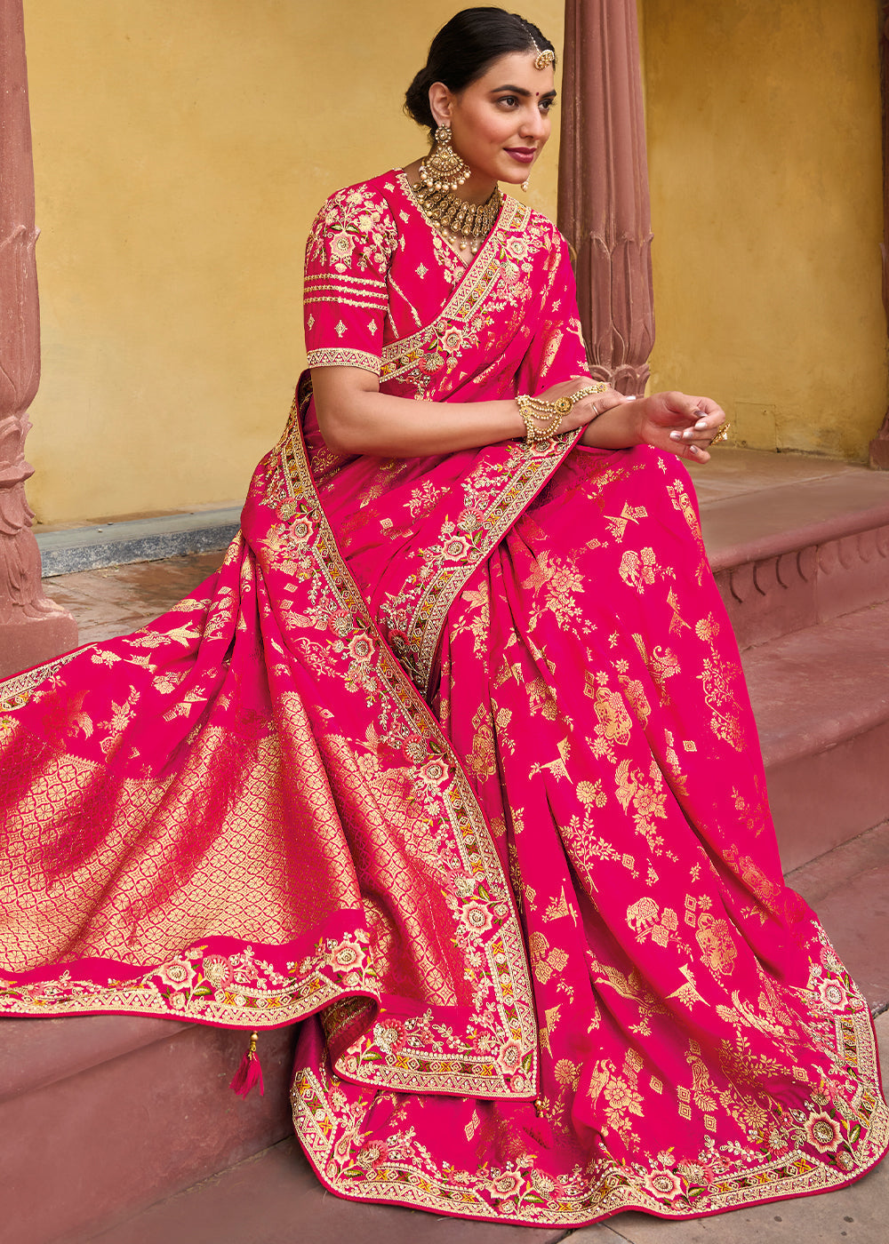 Carnation Pink Embroidered Dola Silk Saree