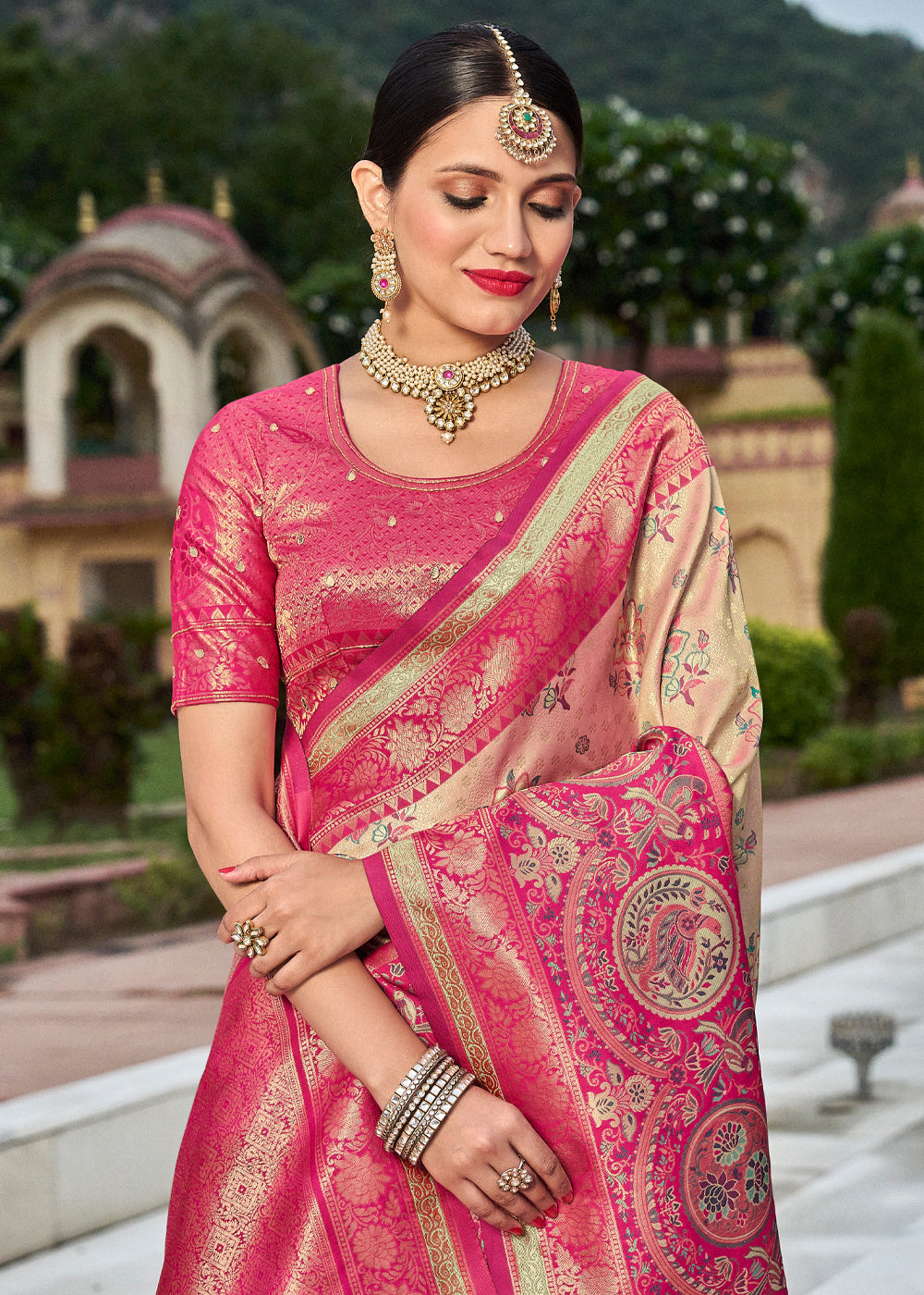 Orleans Cream and Pink Designer Banarasi Saree