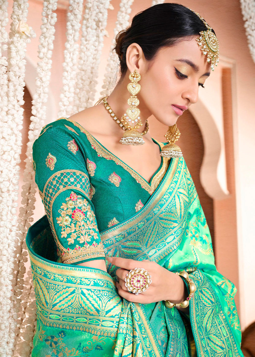 Eucalyptus Green Zari Woven Banarasi Saree with Designer Blouse