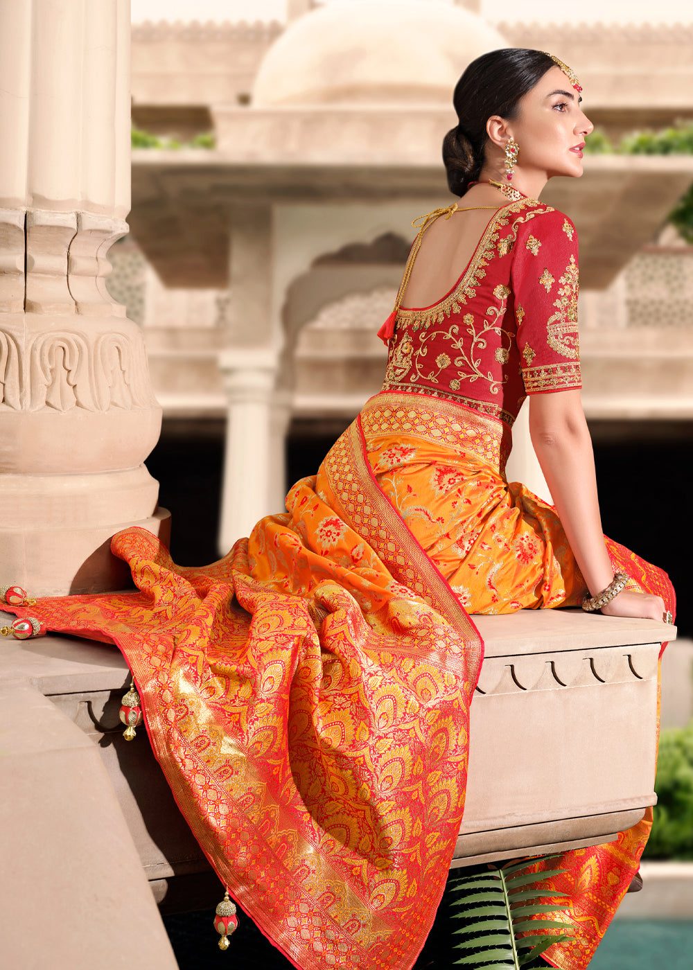 Burnt Orange and Red Woven Designer Banarasi Silk Saree