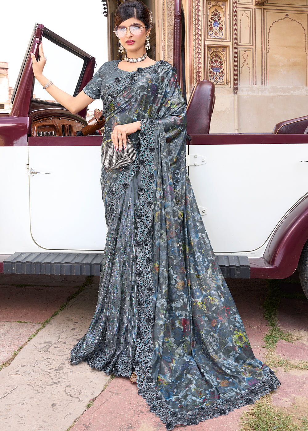 Slate Grey Designer Silk Saree