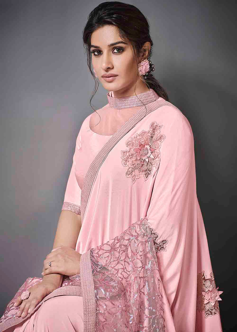 Azalea Pink Designer Lycra Saree with Embroidery Work