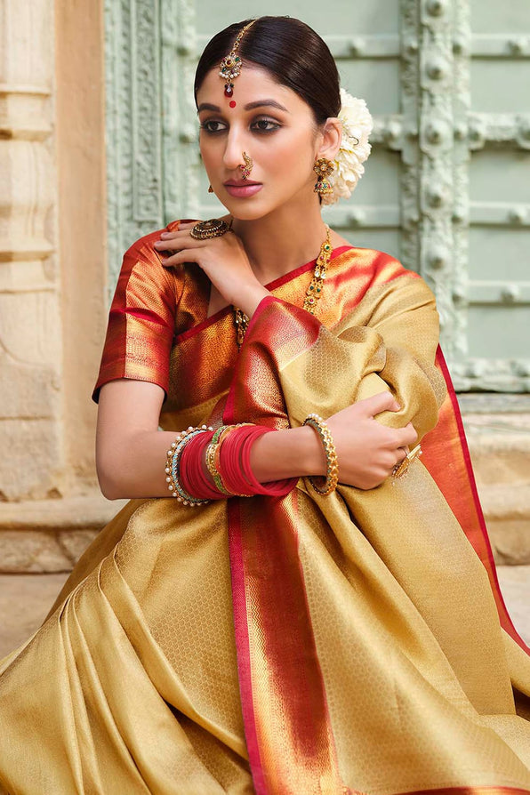 Marzipan Cream and Red Zari Woven Kanjivaram Saree