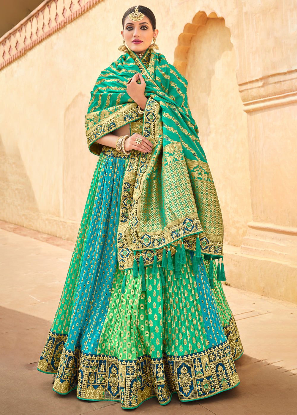 Jade Blue and Green Heavy Embroidered Lehenga