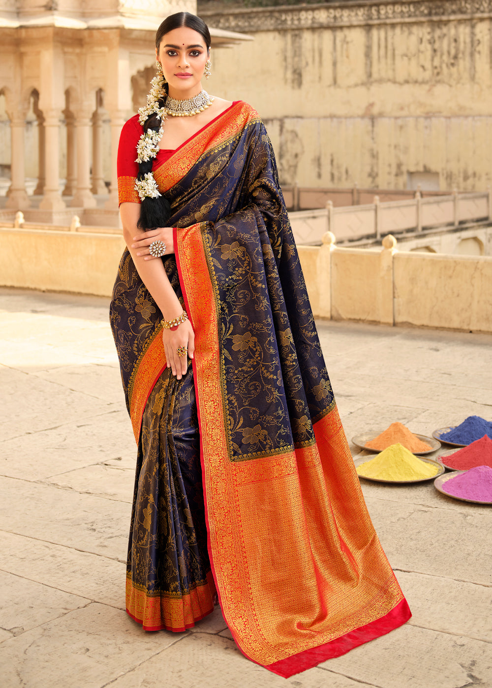 Rock Blue and Red Zari Woven Kanjivaram Saree