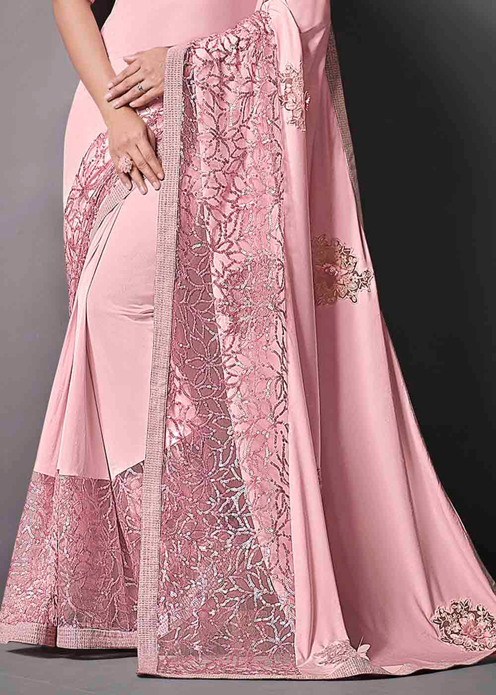 Azalea Pink Designer Lycra Saree with Embroidery Work