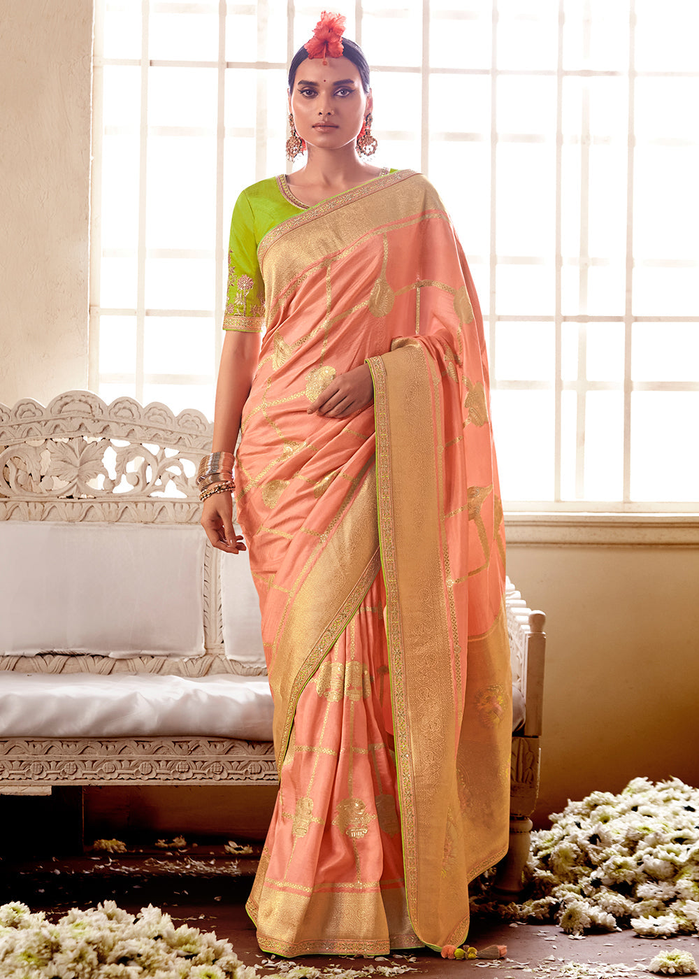 Tan Peach and Green Banarasi Saree with Designer Blouse