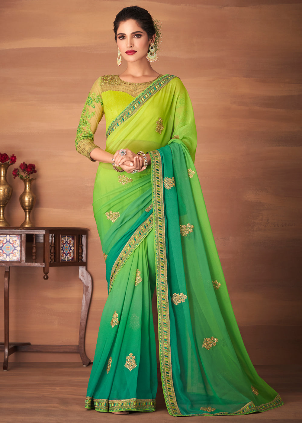 Fern Green and Yellow Designer Saree with Embroidered Blouse