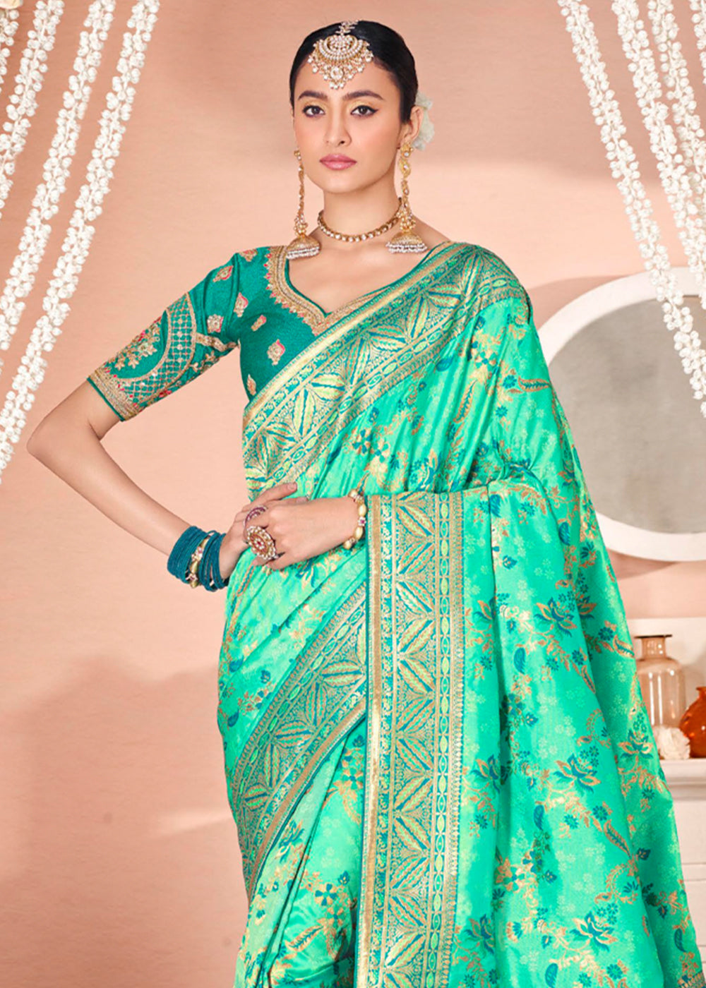 Eucalyptus Green Zari Woven Banarasi Saree with Designer Blouse