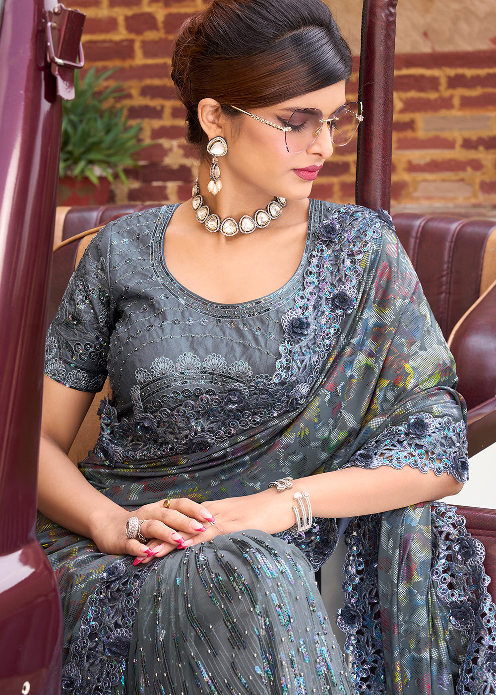 Slate Grey Designer Silk Saree